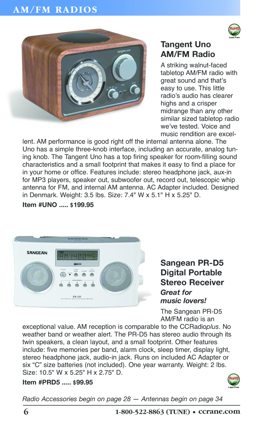 C. Crane 19f manual Tangent Uno AM/FM Radio, Sangean PR-D5 Digital Portable Stereo Receiver, Great for music lovers, $99.95 