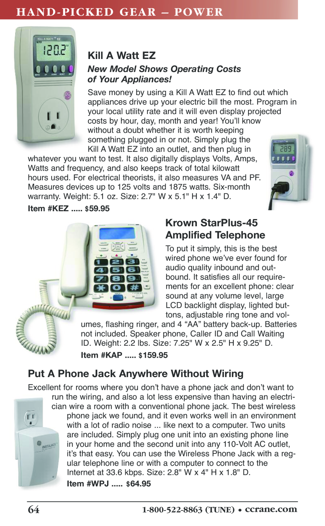 C. Crane 19f manual Kill A Watt EZ, Krown StarPlus-45 Amplified Telephone, Put A Phone Jack Anywhere Without Wiring 
