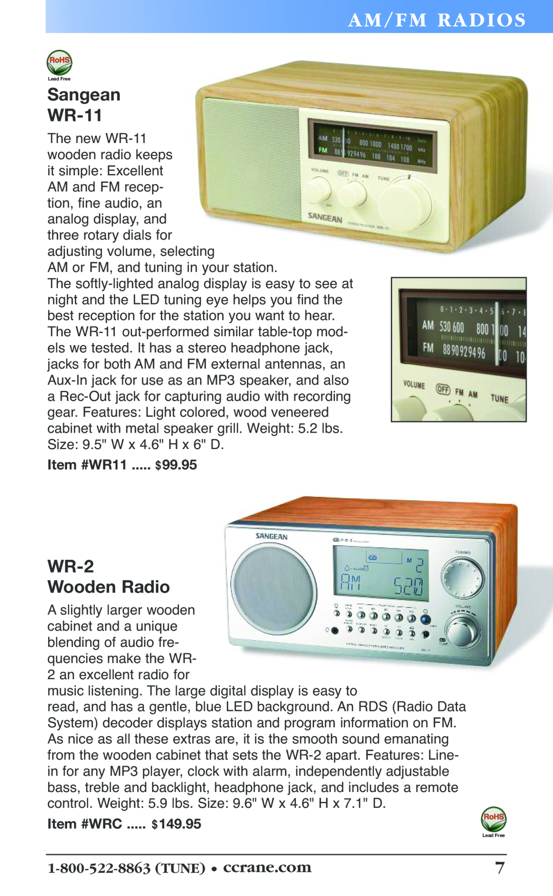 C. Crane 19f manual Am/ Fm Rad Io S, Sangean WR-11, WR-2 Wooden Radio, Item #WR11 ..... $99.95, Item #WRC ..... $149.95 