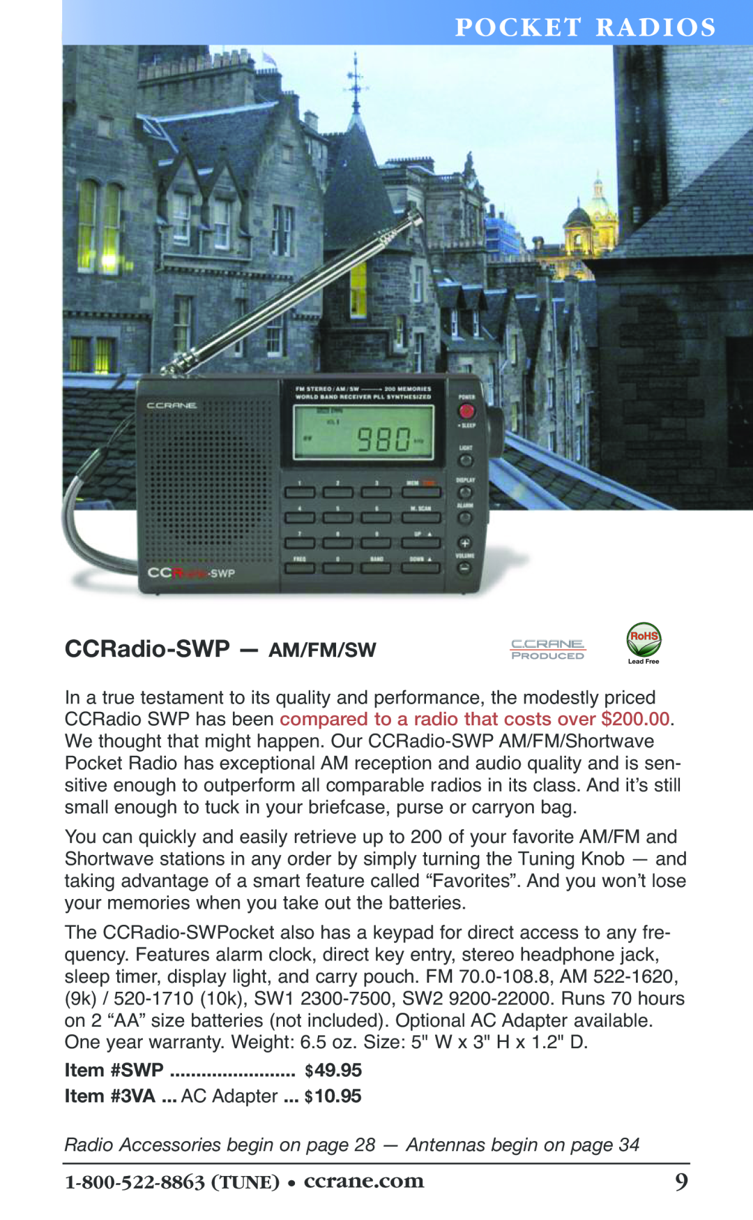 C. Crane 19f manual Po Cket Ra Di Os, CCRadio-SWP— AM/FM/SW, $10.95, $49.95, 1-800-522-8863TUNE • ccrane.com 