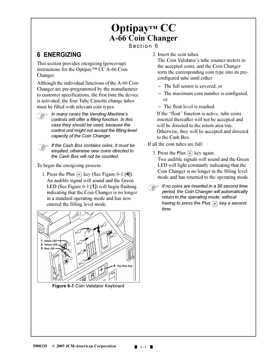 C. Crane A-66 manual Energizing, 1Coin Validator Keyboard 