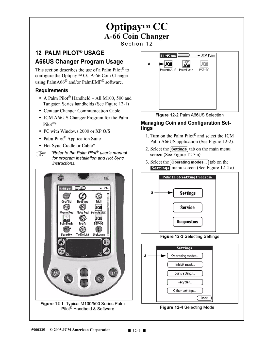 C. Crane A-66 manual Requirements, Managing Coin and Configuration Set- tings 