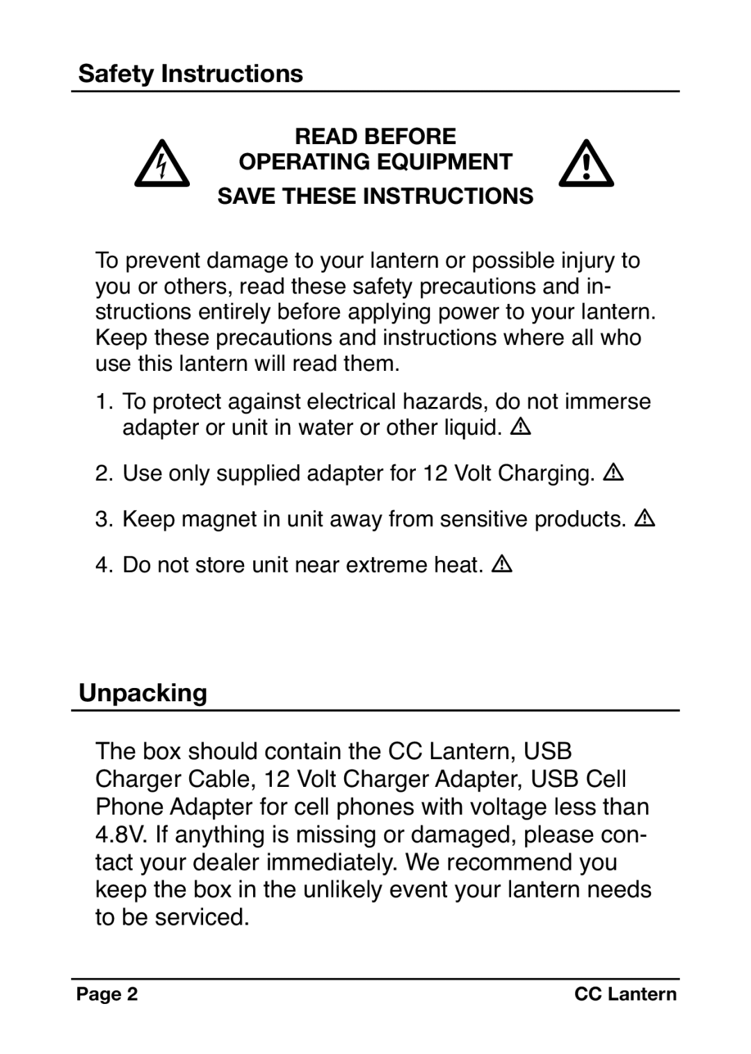 C. Crane Camping Equipment instruction manual Safety Instructions, Unpacking 