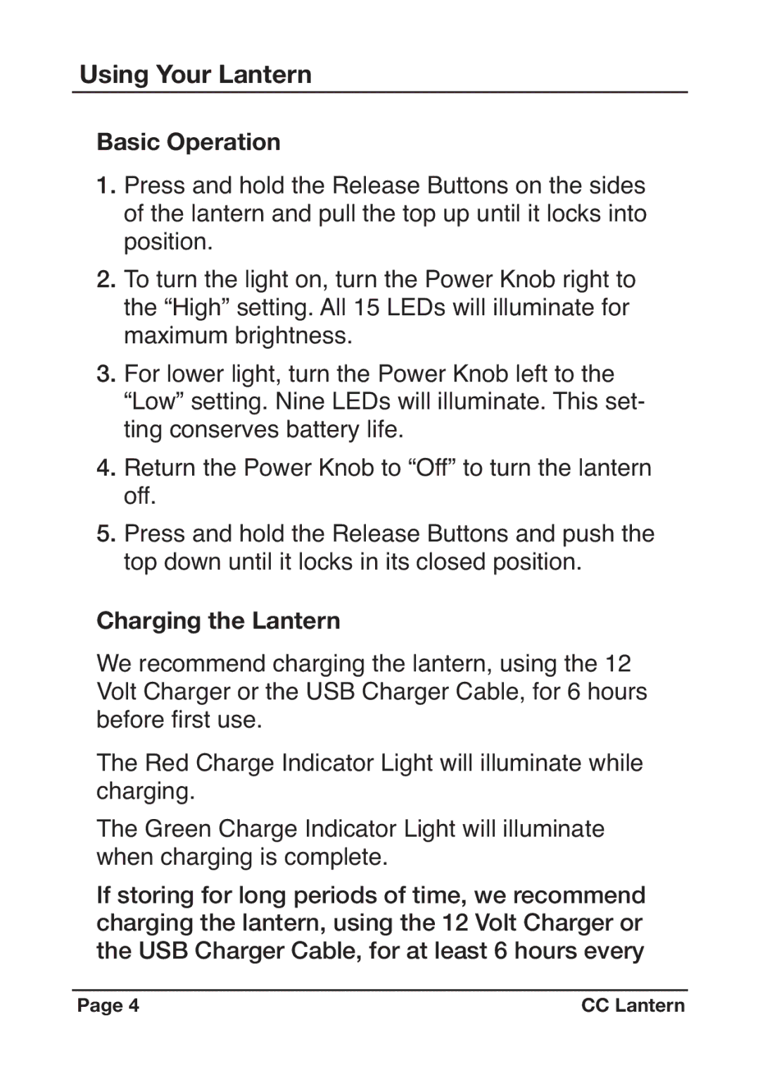 C. Crane Camping Equipment instruction manual Using Your Lantern Basic Operation, Charging the Lantern 