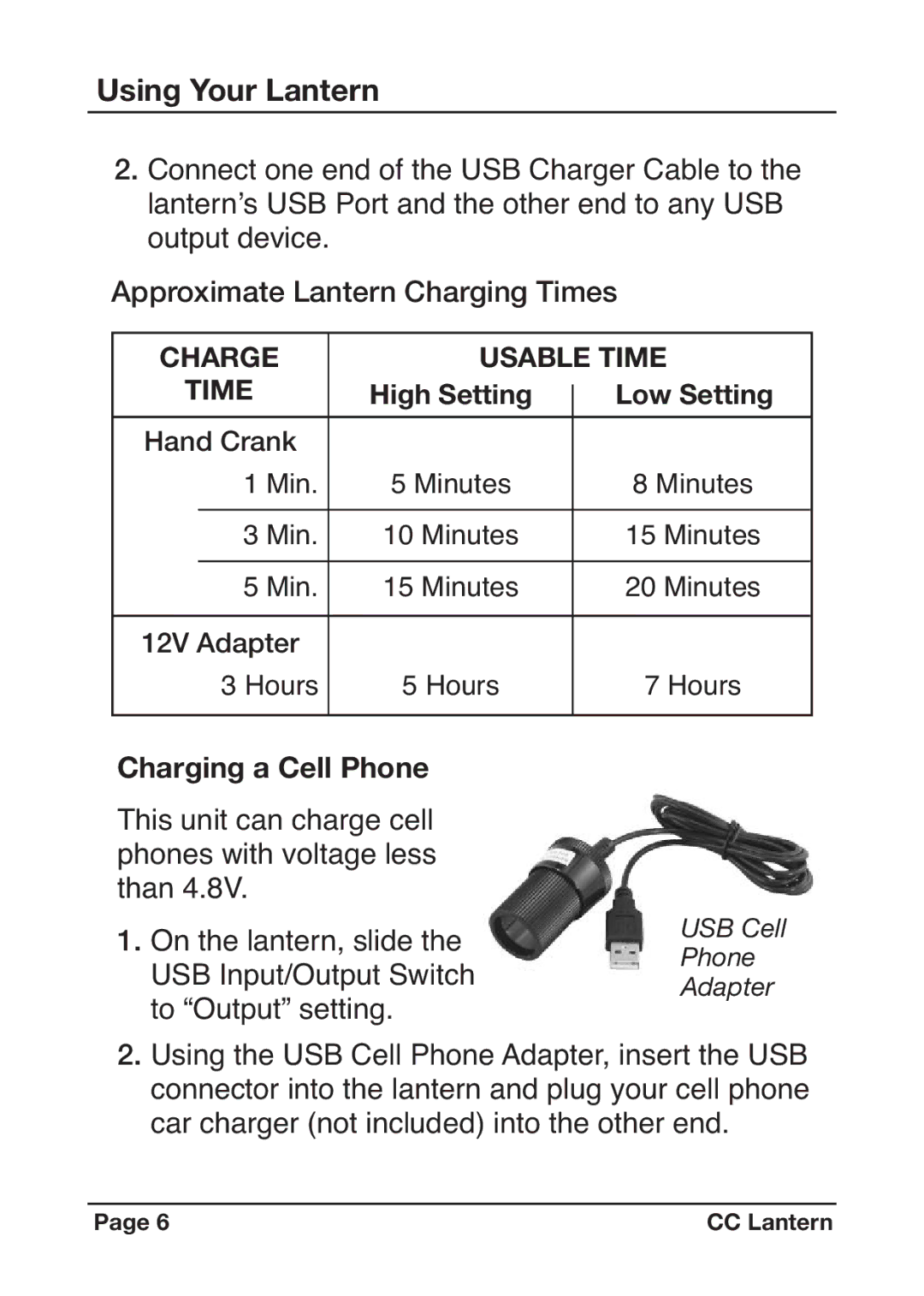 C. Crane Camping Equipment instruction manual Approximate Lantern Charging Times 