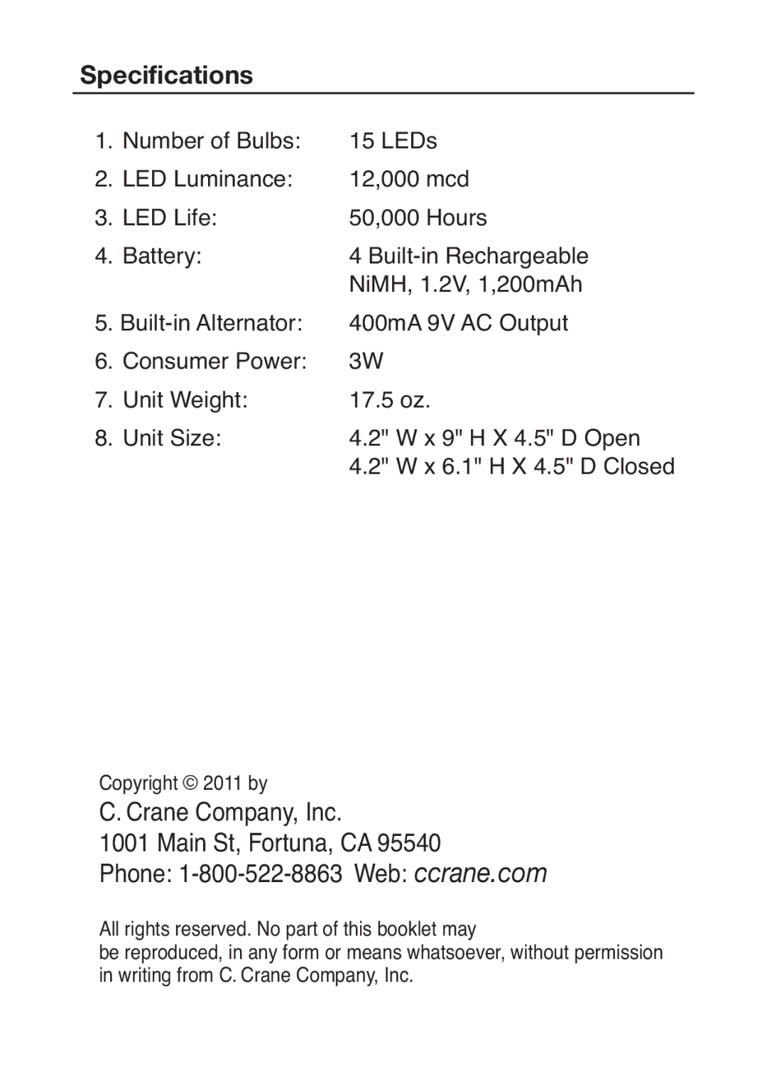 C. Crane Camping Equipment instruction manual Specifications 