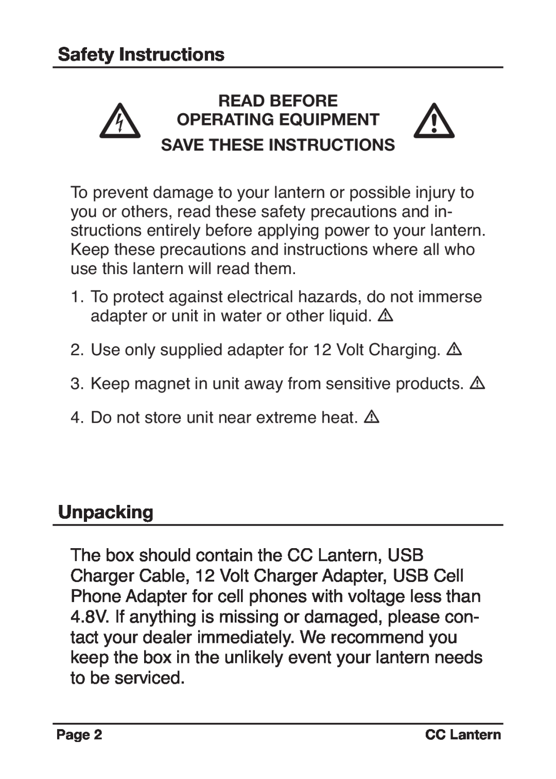 C. Crane Camping Equipment Safety Instructions, Unpacking, Read Before, Operating Equipment, Save These Instructions 