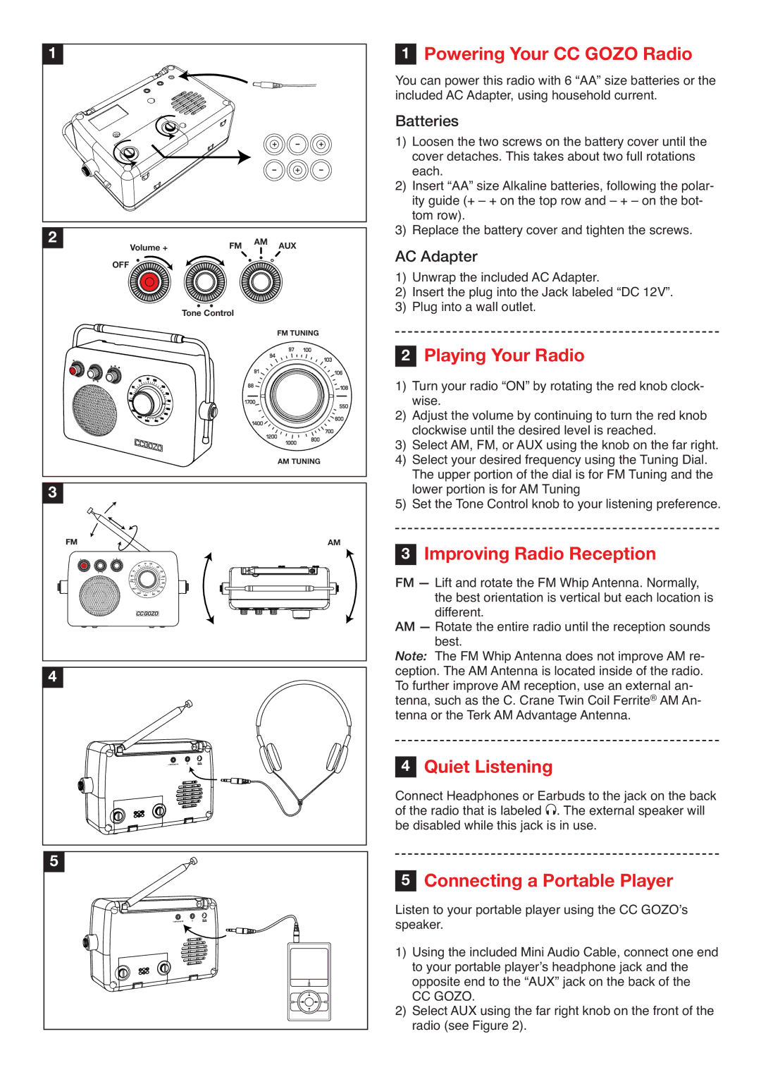 C. Crane instruction manual Powering Your CC Gozo Radio, Playing Your Radio, Improving Radio Reception, Quiet Listening 