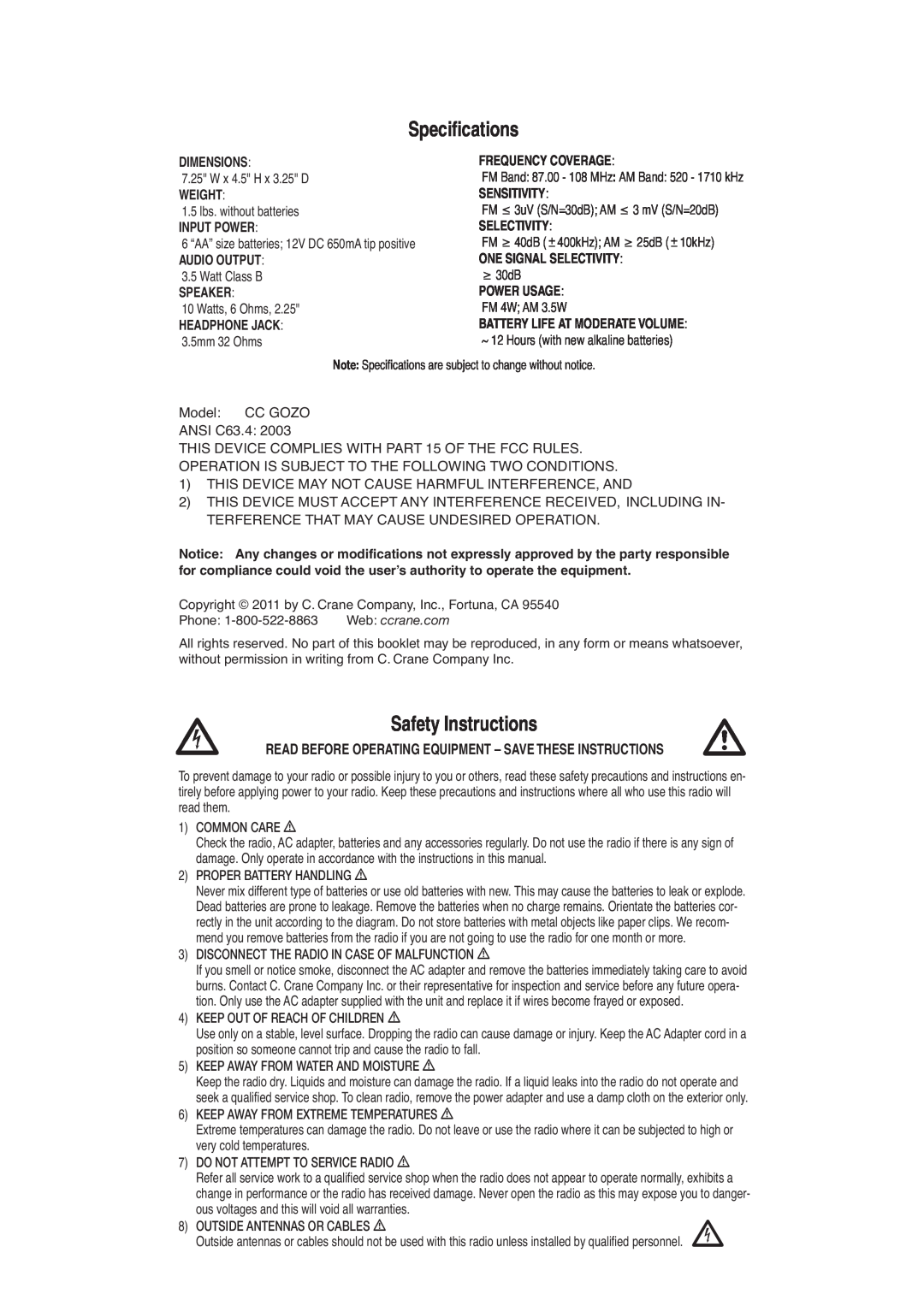 C. Crane CC Gozo instruction manual Specifications 