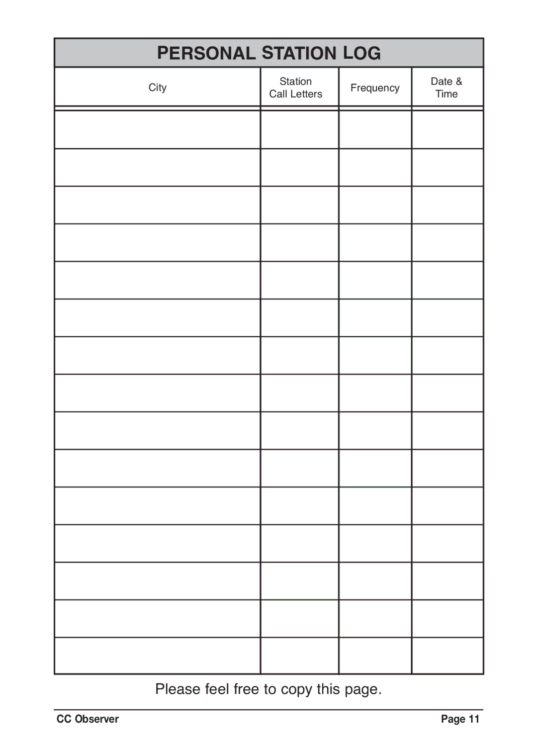 C. Crane CC Observer instruction manual Personal Station LOG, Please feel free to copy this 