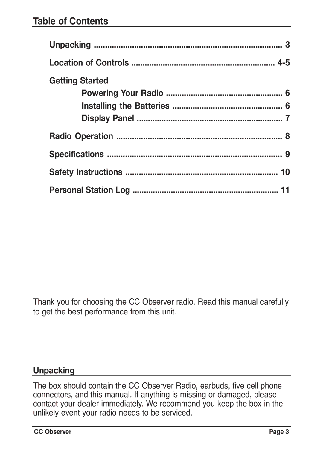 C. Crane CC Observer instruction manual Table of Contents 