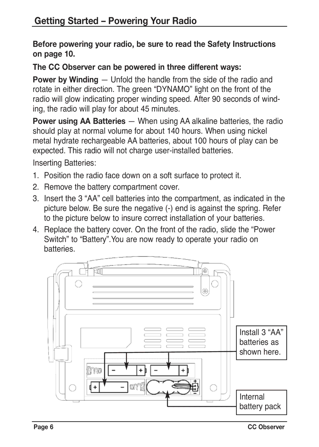 C. Crane CC Observer instruction manual Getting Started Powering Your Radio, When using AA alkaline batteries, the radio 