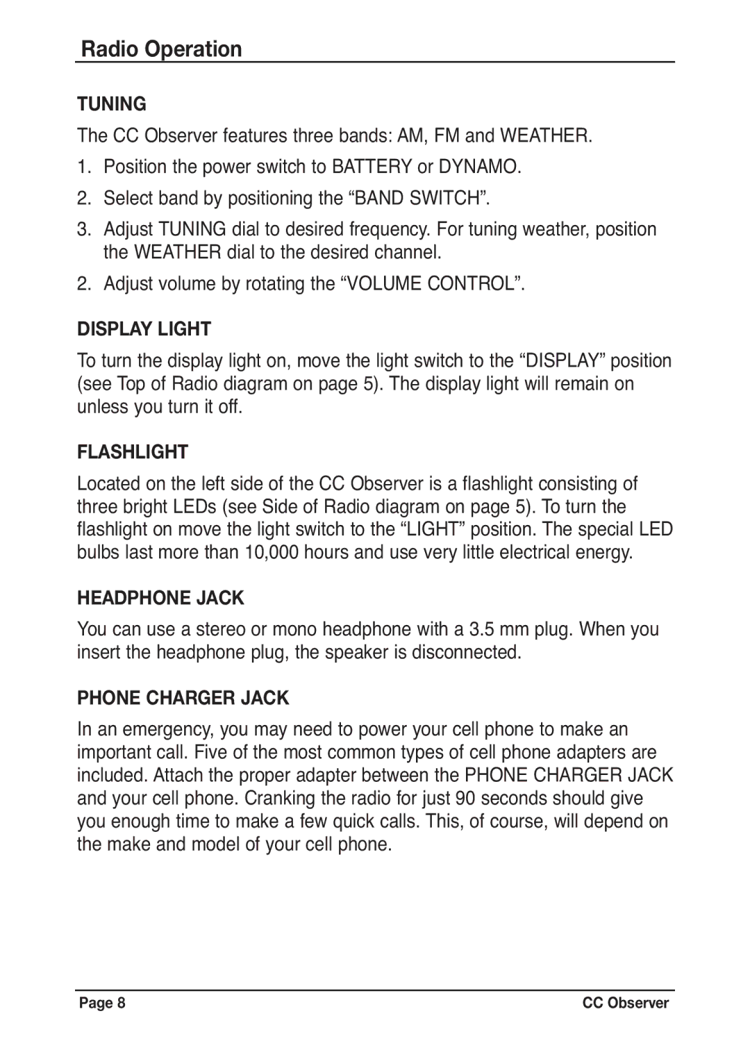 C. Crane CC Observer instruction manual Radio Operation 