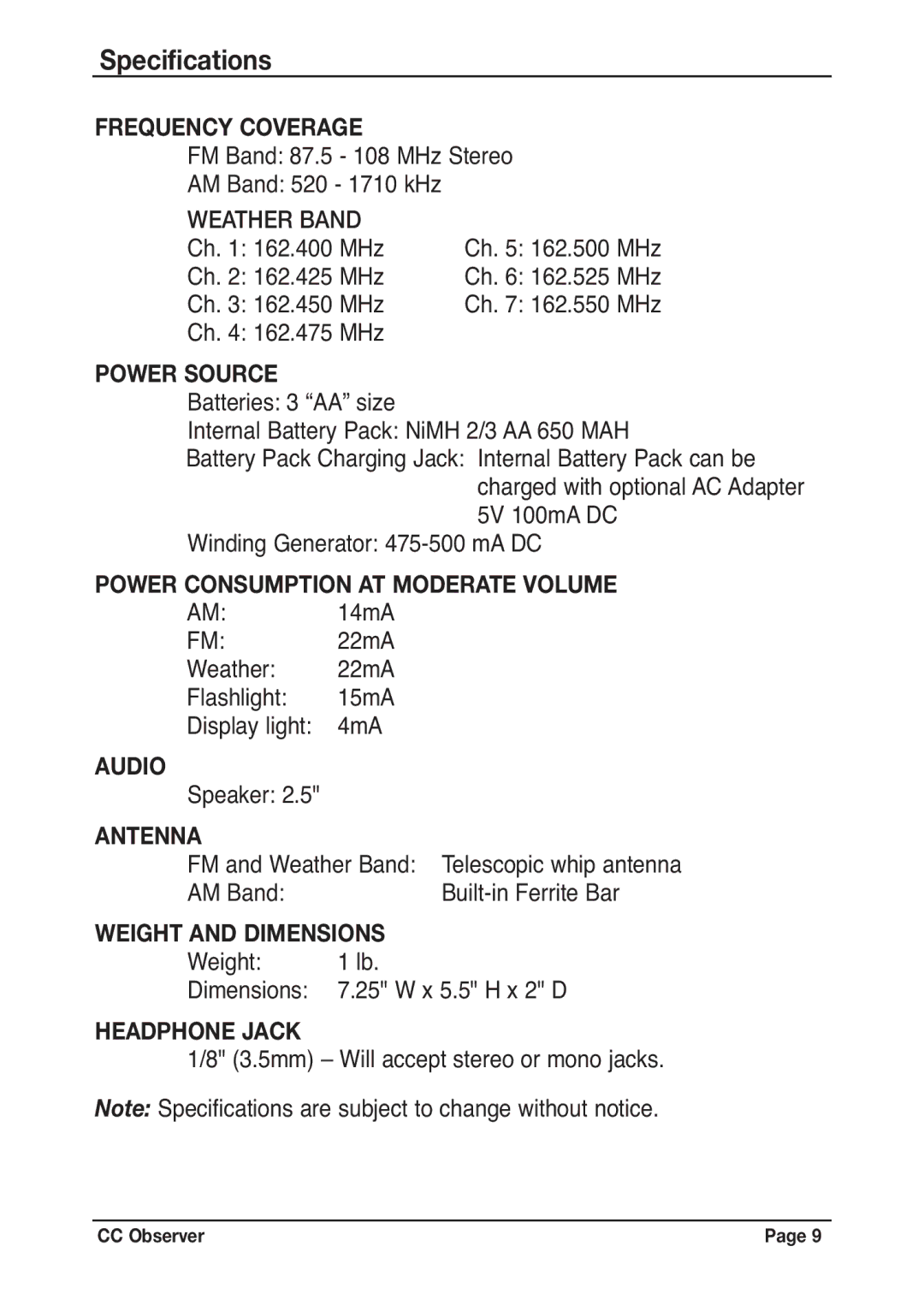 C. Crane CC Observer instruction manual Specifications 