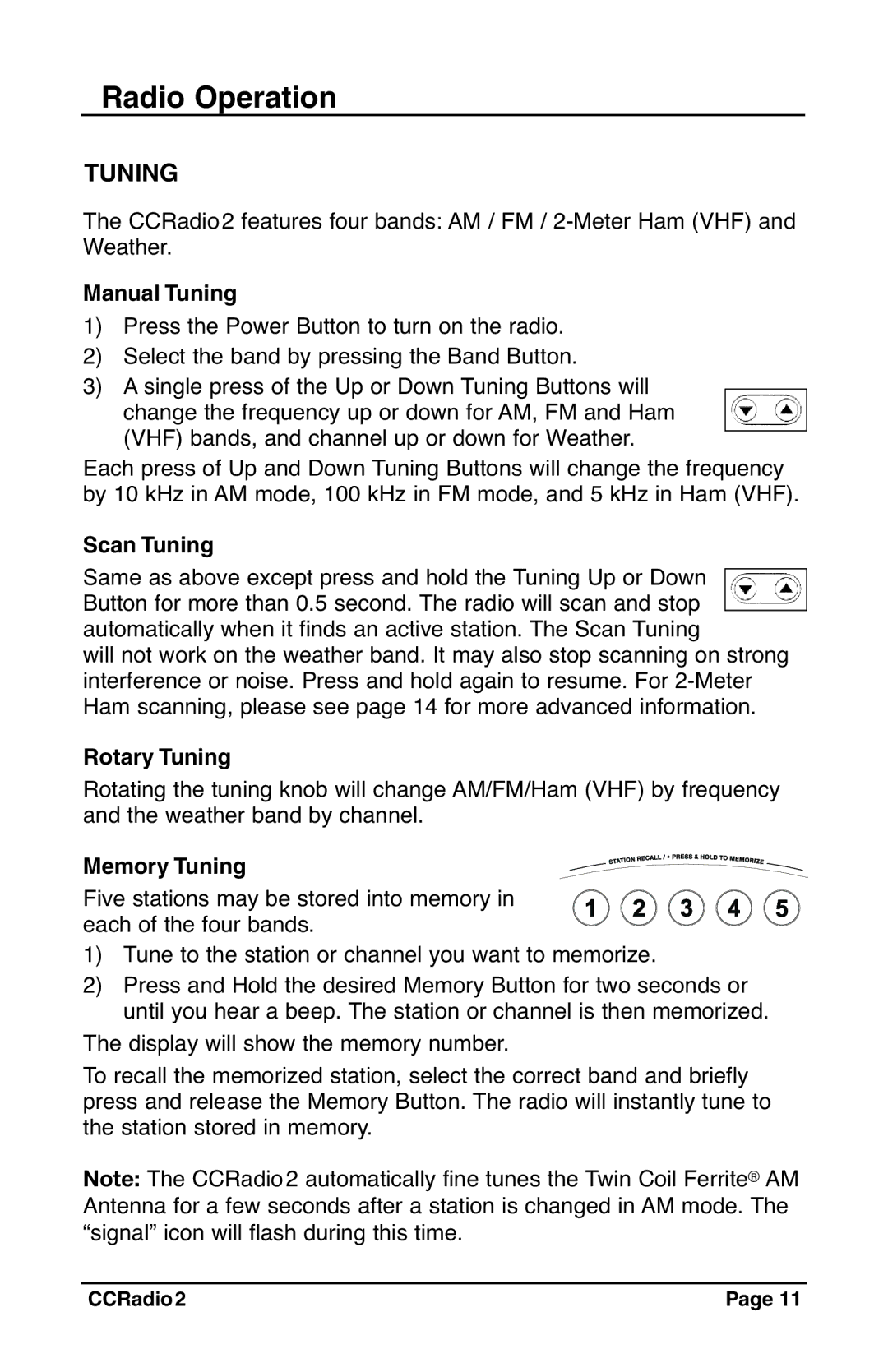 C. Crane CC Radio 2 instruction manual Radio Operation, Tuning 