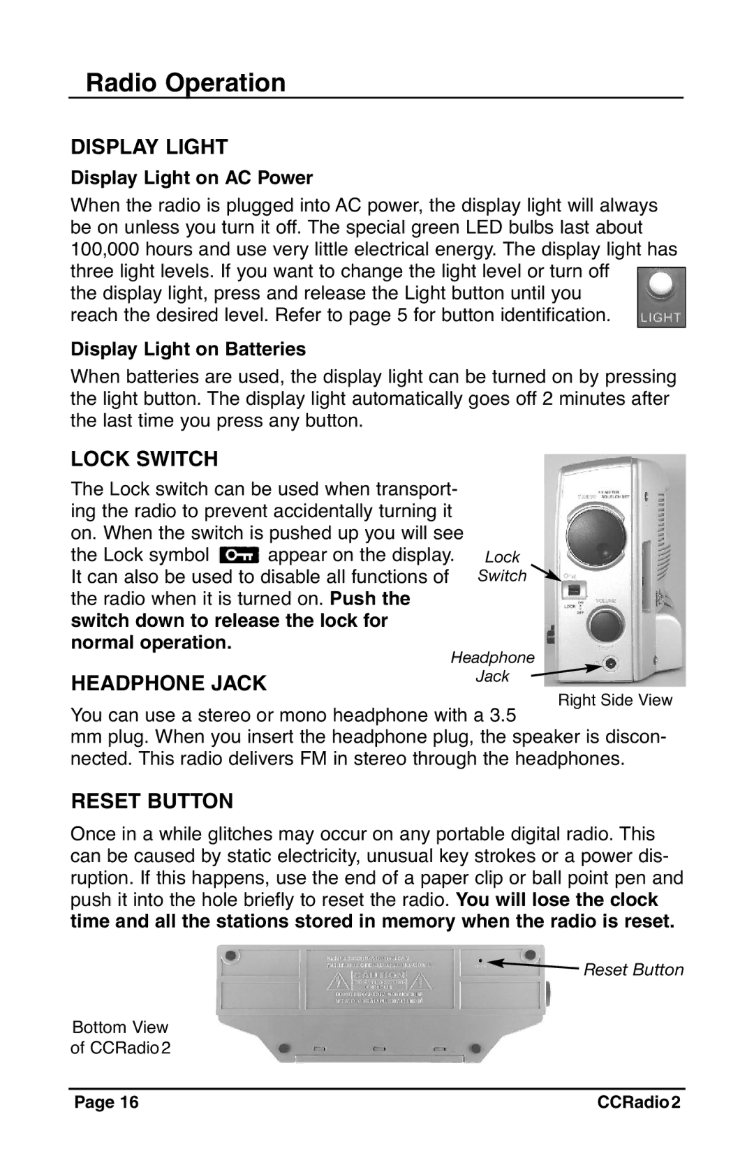 C. Crane CC Radio 2 instruction manual Display Light, Lock Switch, Reset Button, Normal operation 