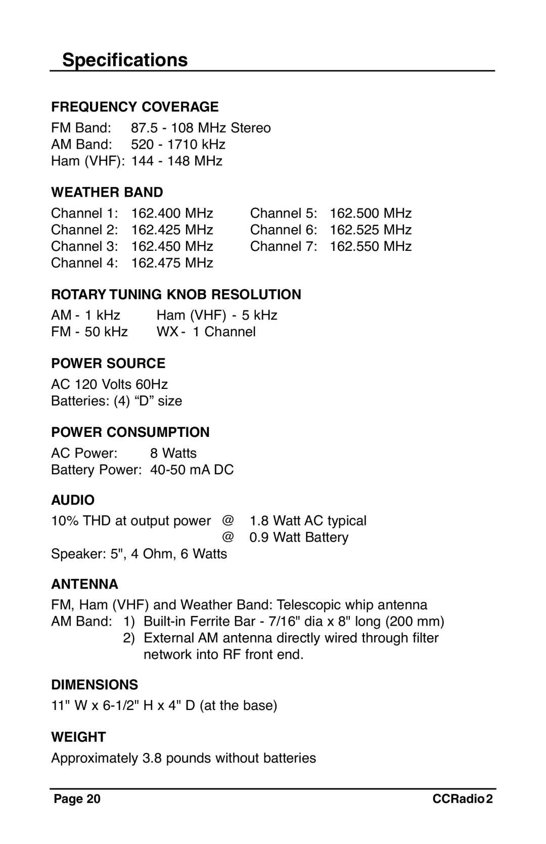 C. Crane CC Radio 2 instruction manual Specifications 