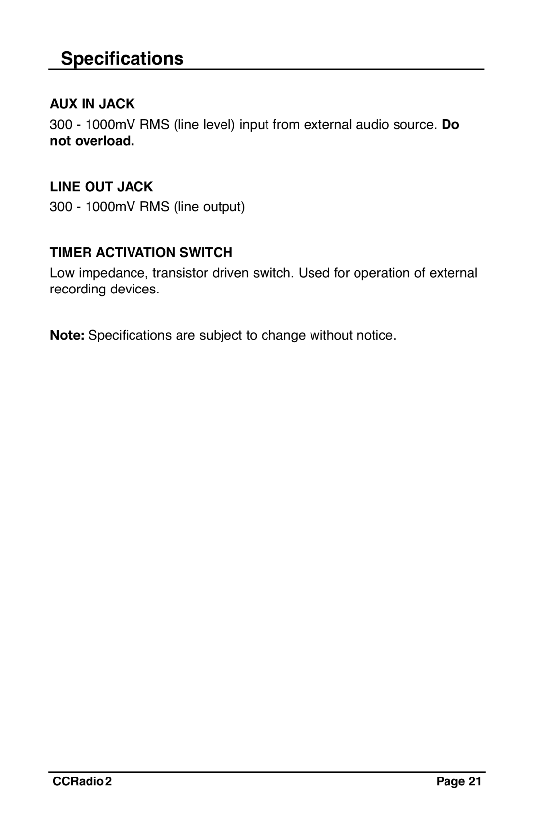 C. Crane CC Radio 2 instruction manual Specifications 