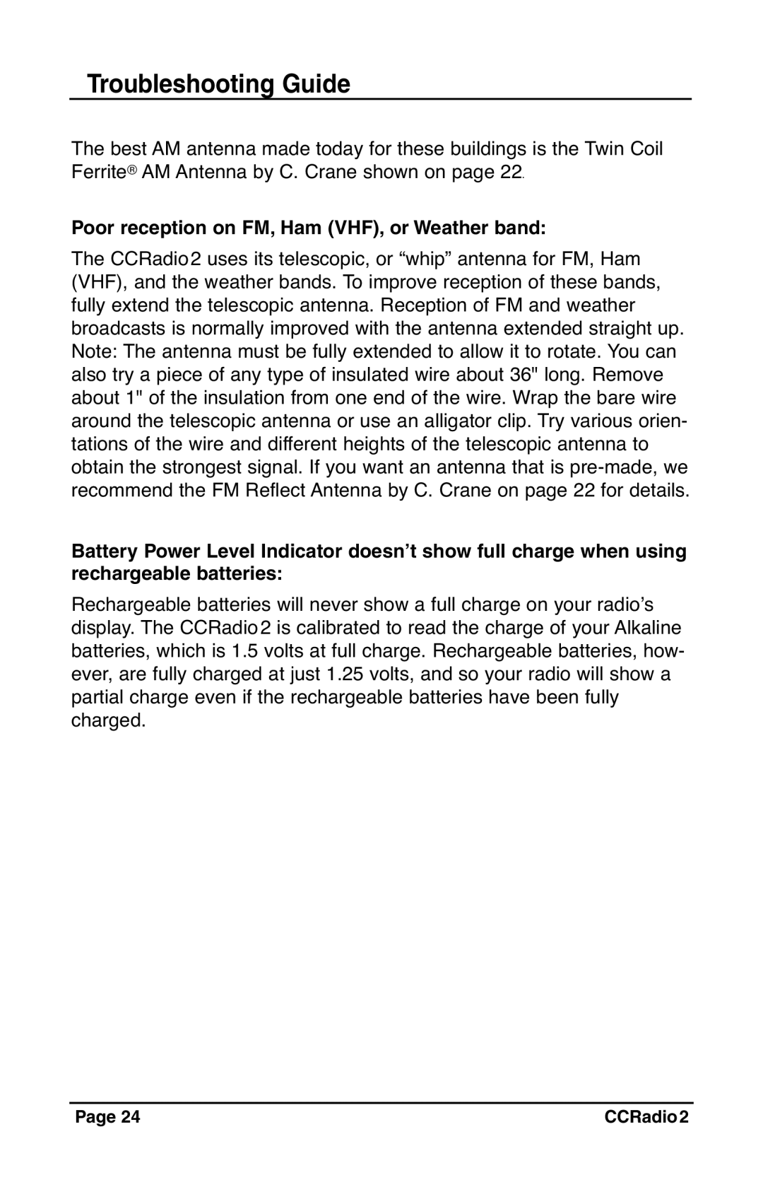 C. Crane CC Radio 2 instruction manual Poor reception on FM, Ham VHF, or Weather band 