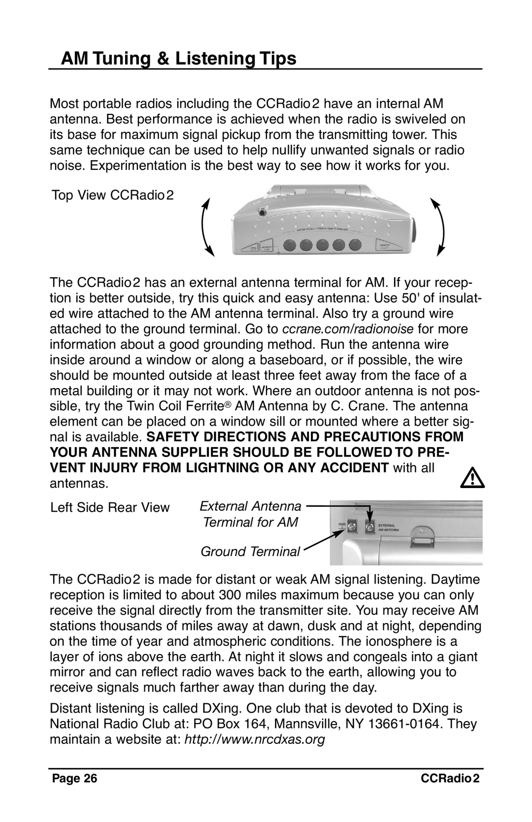 C. Crane CC Radio 2 instruction manual AM Tuning & Listening Tips, Your Antenna Supplier should be Followedto PRE 