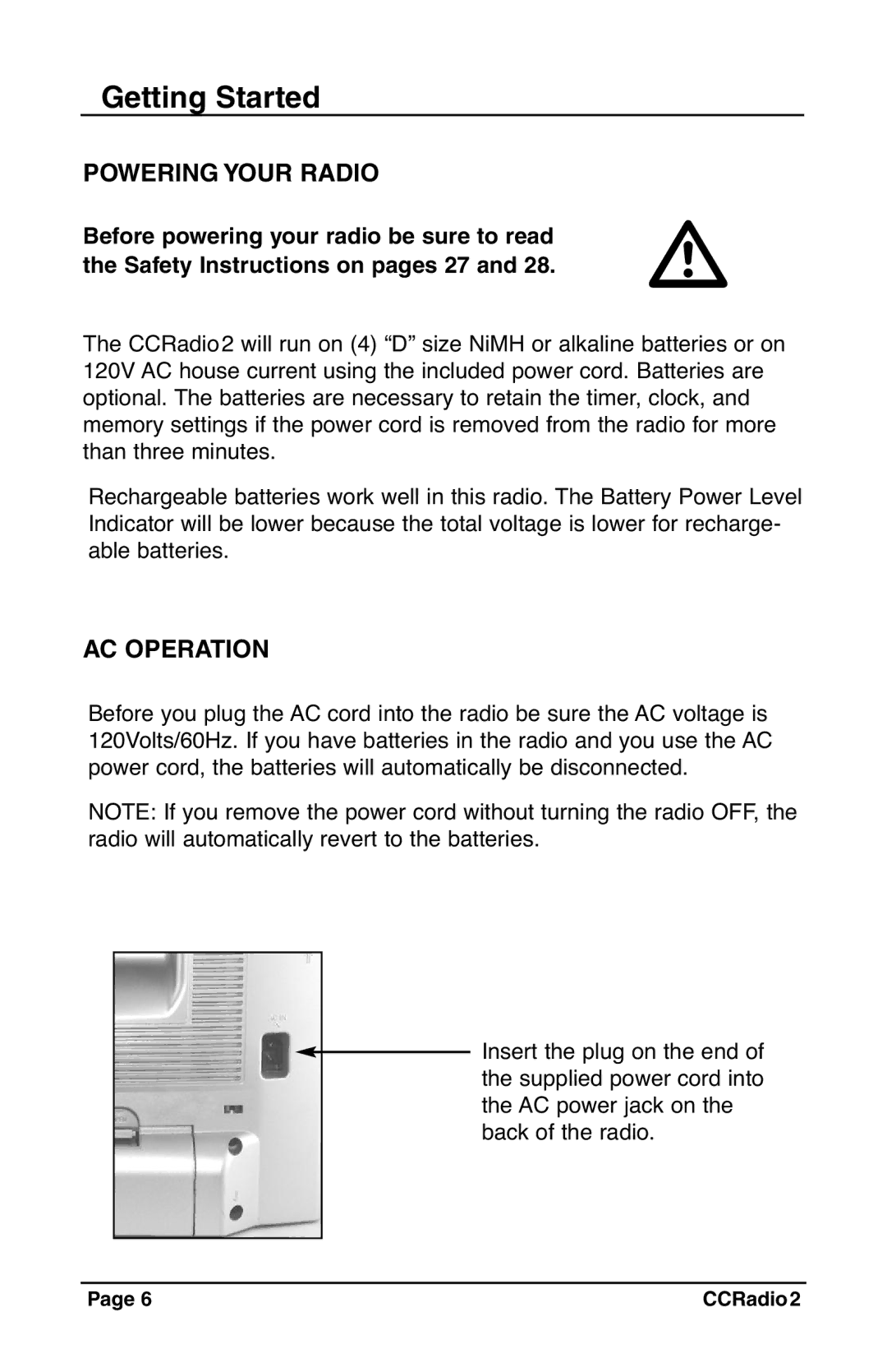 C. Crane CC Radio 2 instruction manual Getting Started, Powering Your Radio, AC Operation 