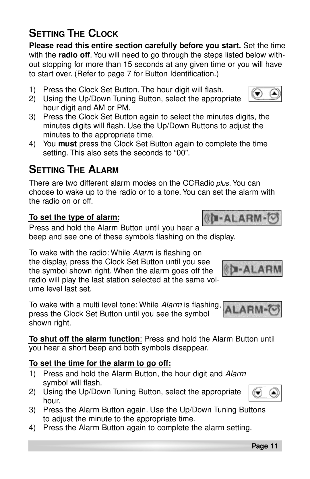 C. Crane CCRadio plus instruction manual Setting the Clock, To set the type of alarm 