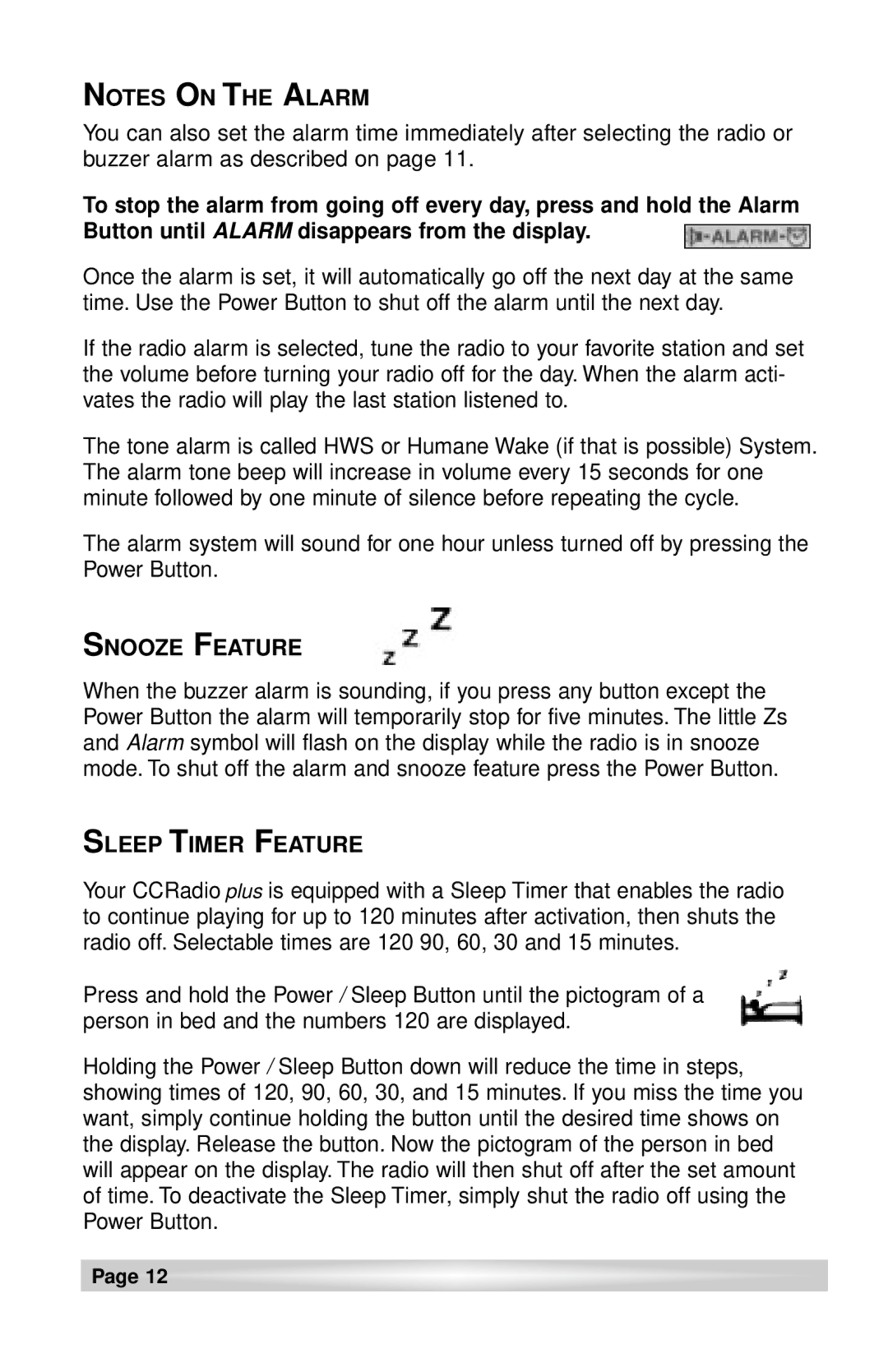 C. Crane CCRadio plus instruction manual Snooze Feature, Sleep Timer Feature 