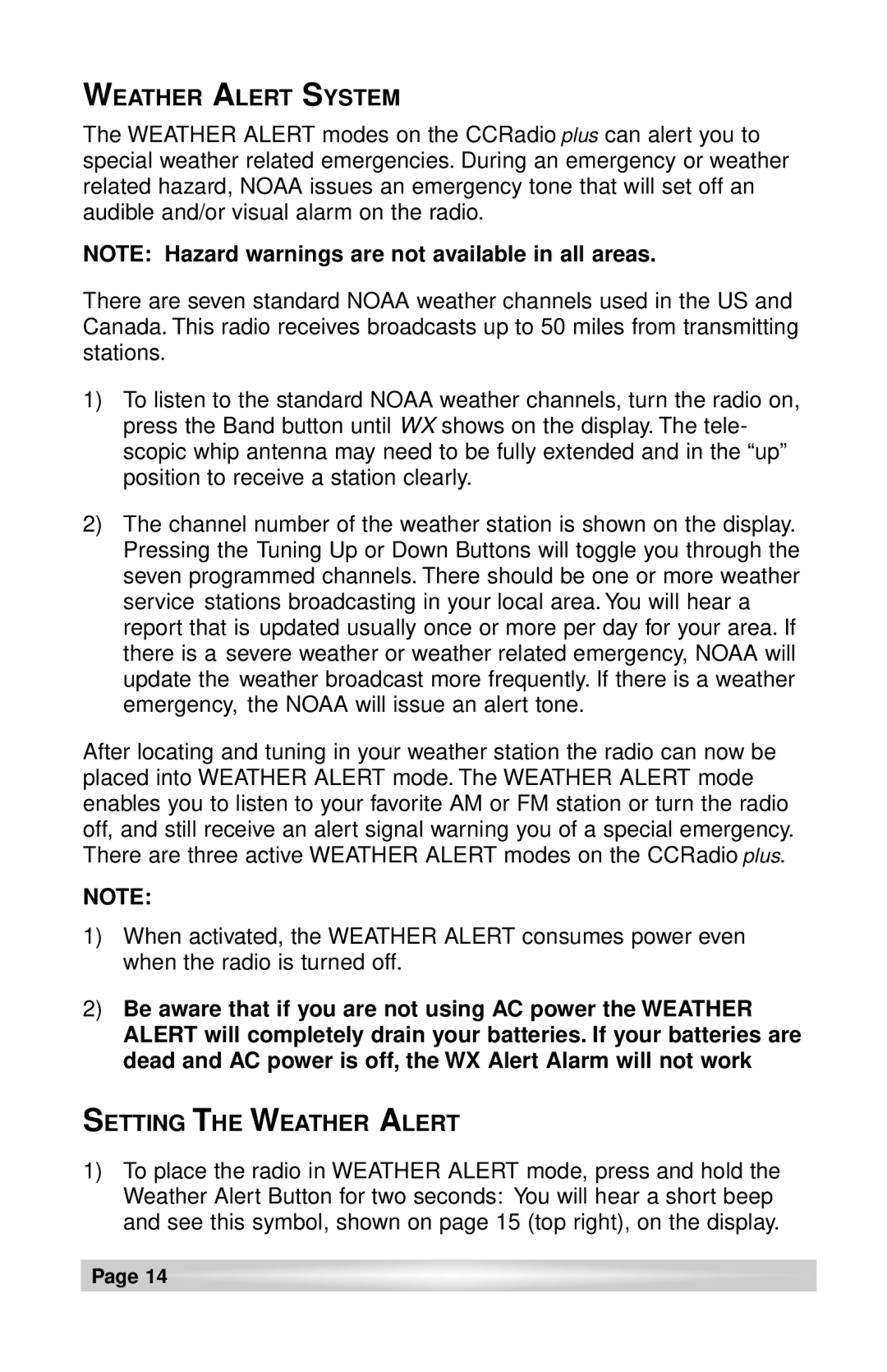 C. Crane CCRadio plus instruction manual Weather Alert System, Setting the Weather Alert 