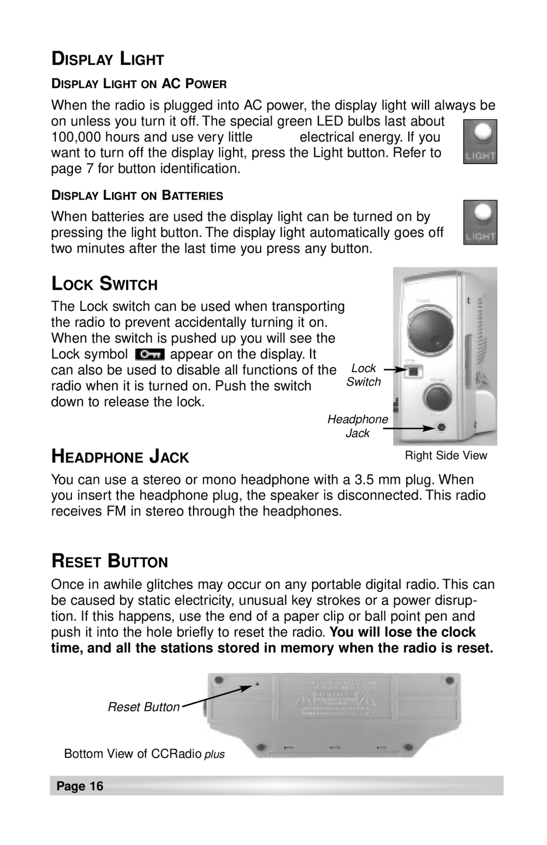 C. Crane CCRadio plus instruction manual Display Light, Lock Switch, Reset Button 