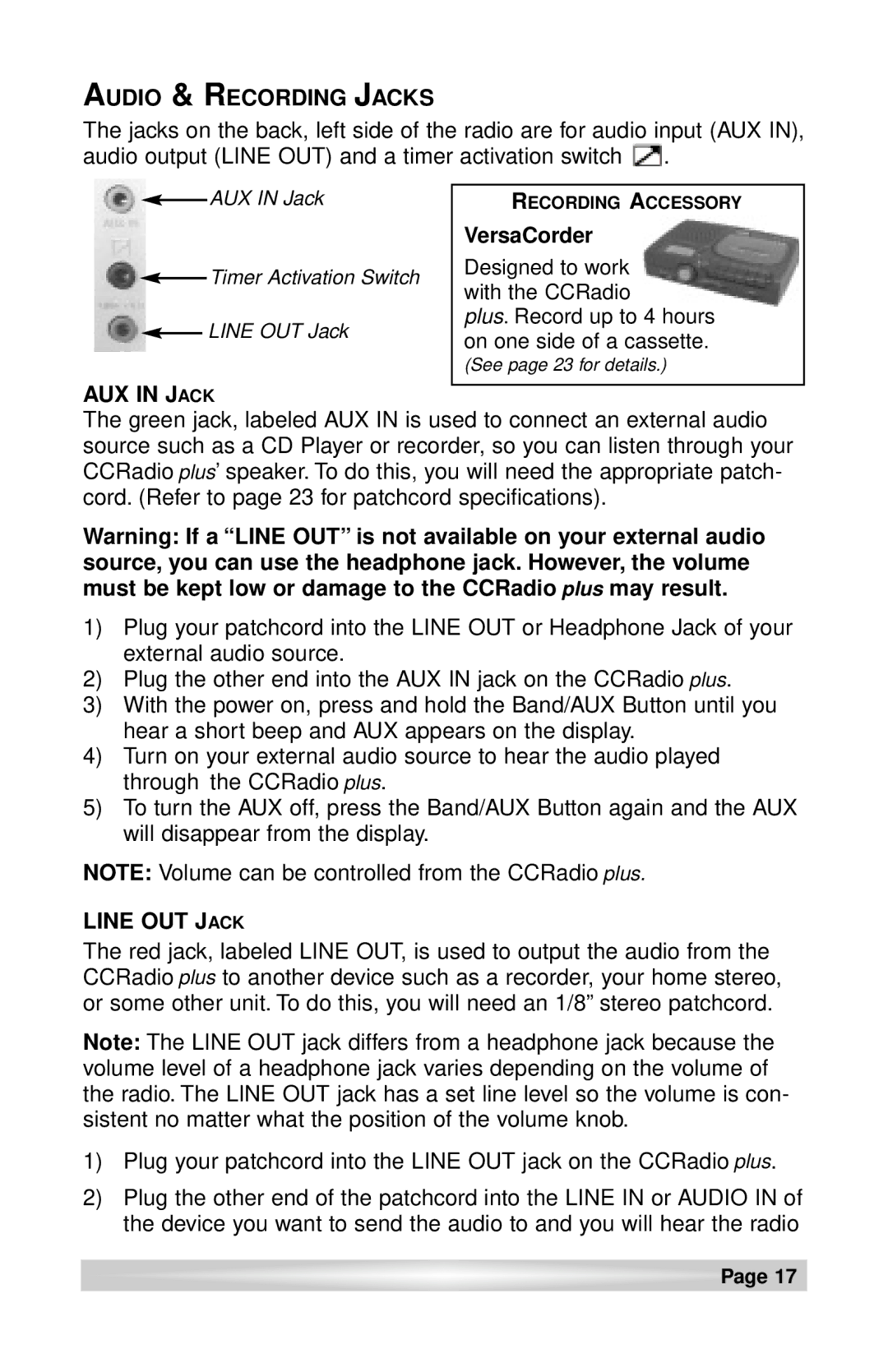 C. Crane CCRadio plus instruction manual AUX in Jack, Line OUT Jack 