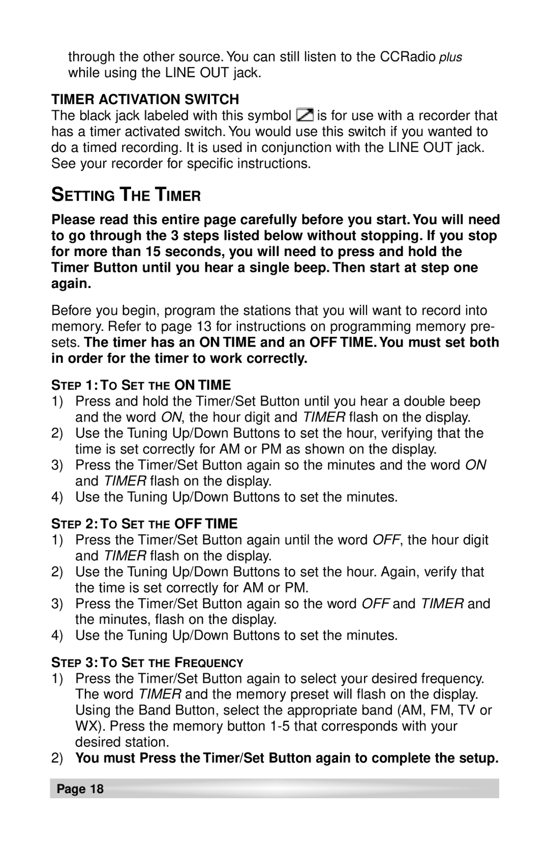 C. Crane CCRadio plus instruction manual Timer Activation Switch, To SET the on Time, To SET the OFF Time 