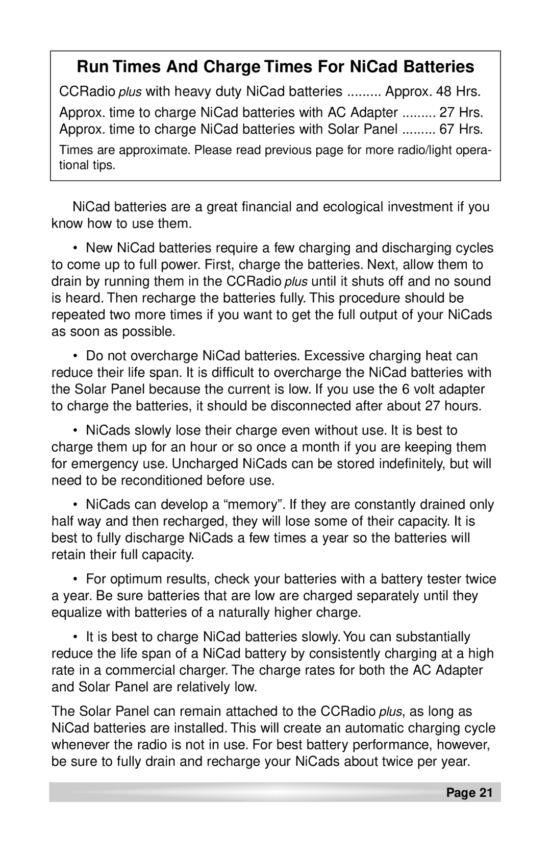 C. Crane CCRadio plus instruction manual Run Times And Charge Times For NiCad Batteries 