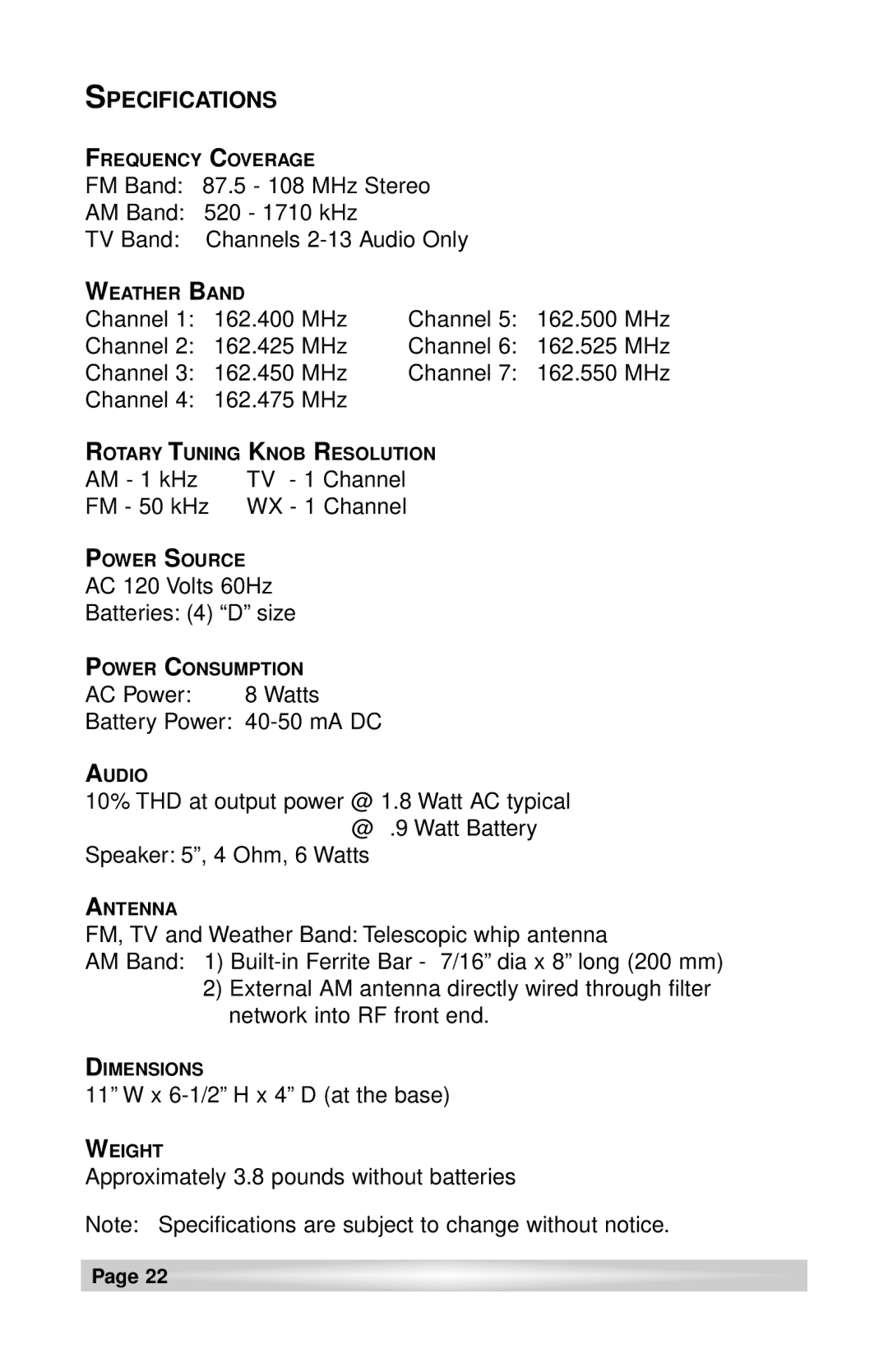 C. Crane CCRadio plus instruction manual Specifications 