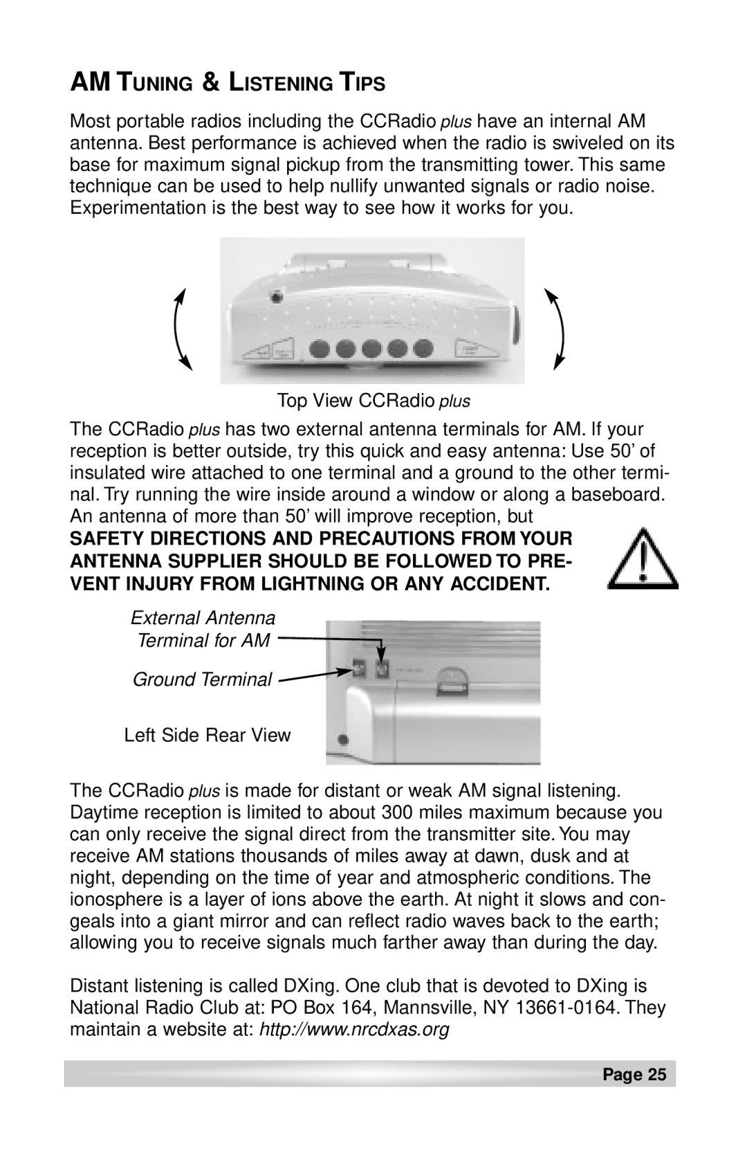 C. Crane CCRadio plus instruction manual AM Tuning & Listening Tips, External Antenna Terminal for AM Ground Terminal 