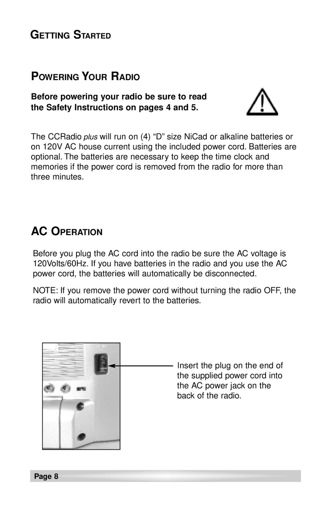 C. Crane CCRadio plus instruction manual Getting Started Powering Your Radio, AC Operation 