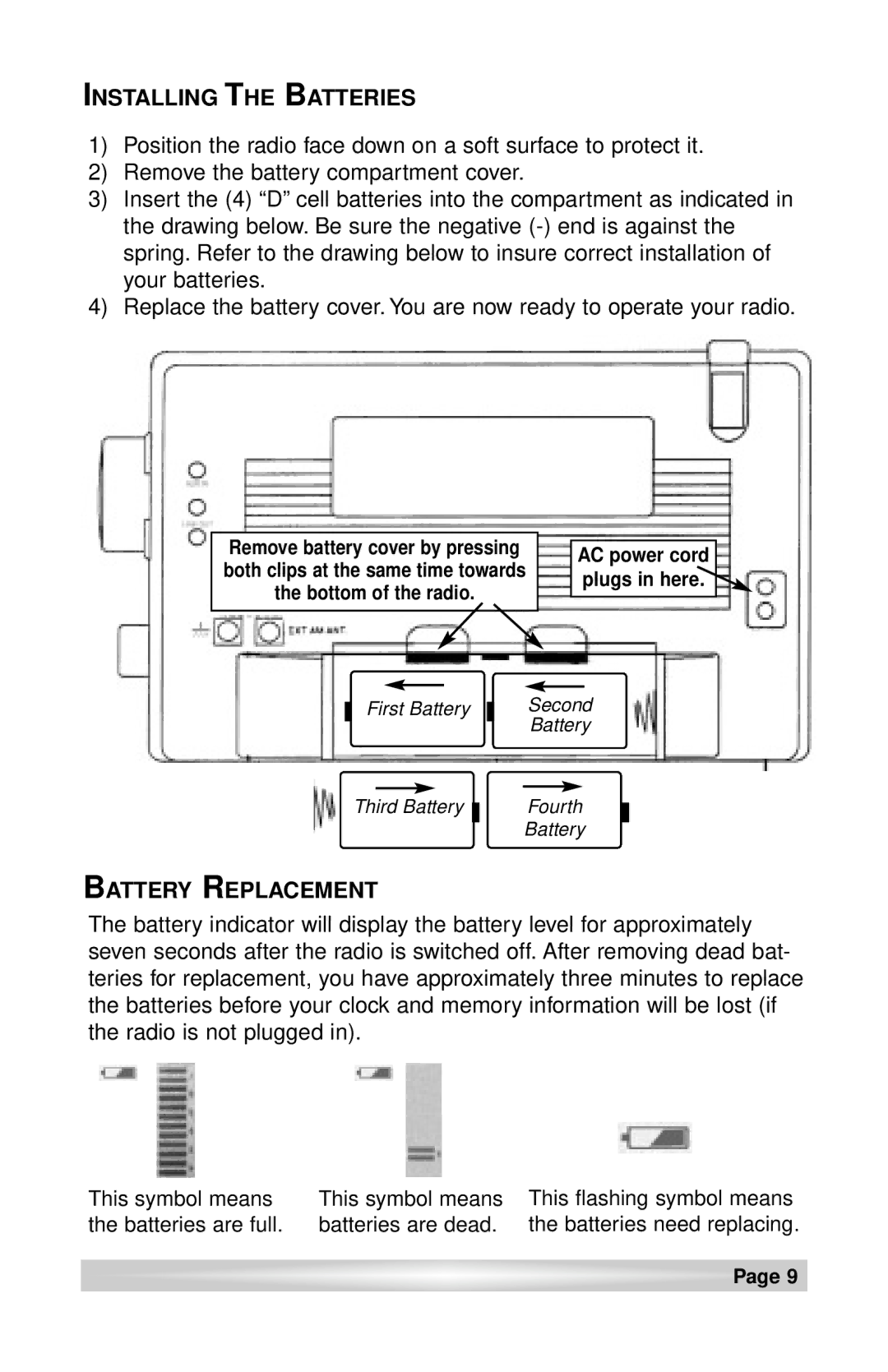 C. Crane CCRadio plus instruction manual Installing the Batteries, Battery Replacement 