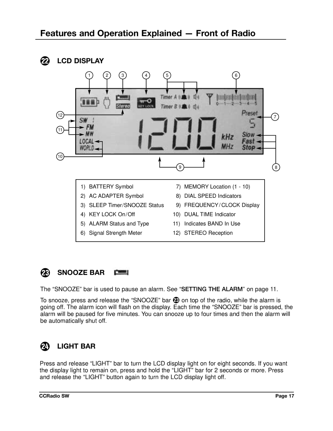 C. Crane CCRadio SW instruction manual LCD Display, Snooze BAR, Light BAR 