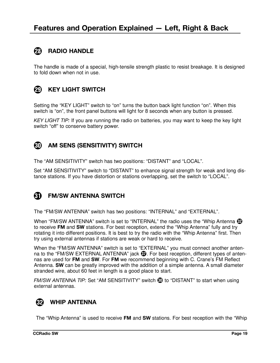 C. Crane CCRadio SW instruction manual Features and Operation Explained Left, Right & Back 