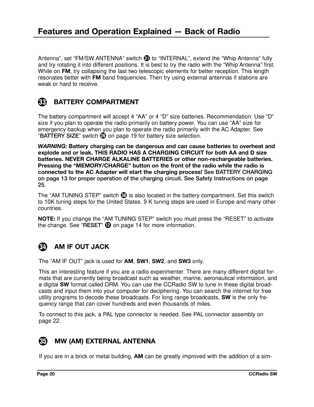 C. Crane CCRadio SW instruction manual Features and Operation Explained Back of Radio, Battery Compartment, AM if OUT Jack 