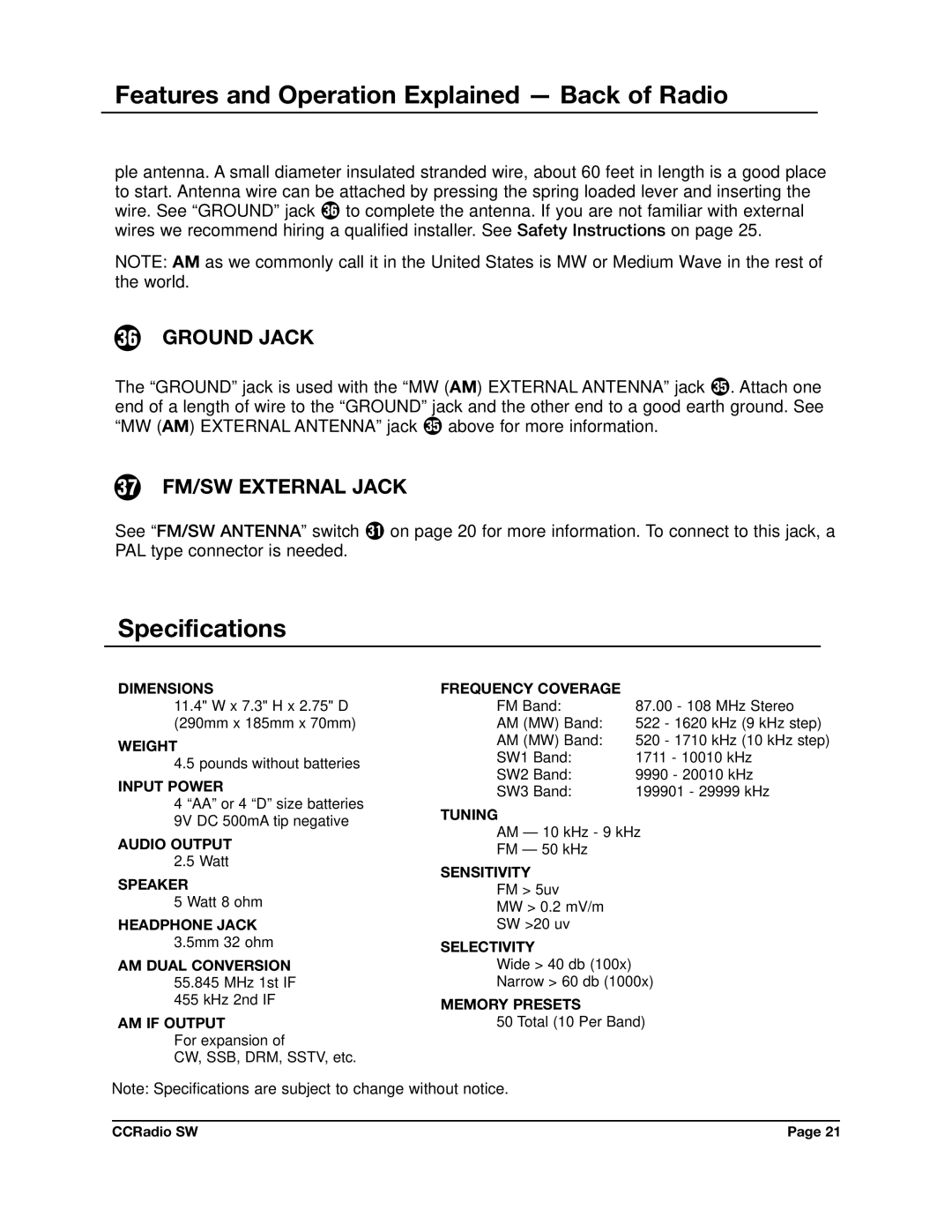 C. Crane CCRadio SW instruction manual Specifications, Ground Jack, FM/SW External Jack 