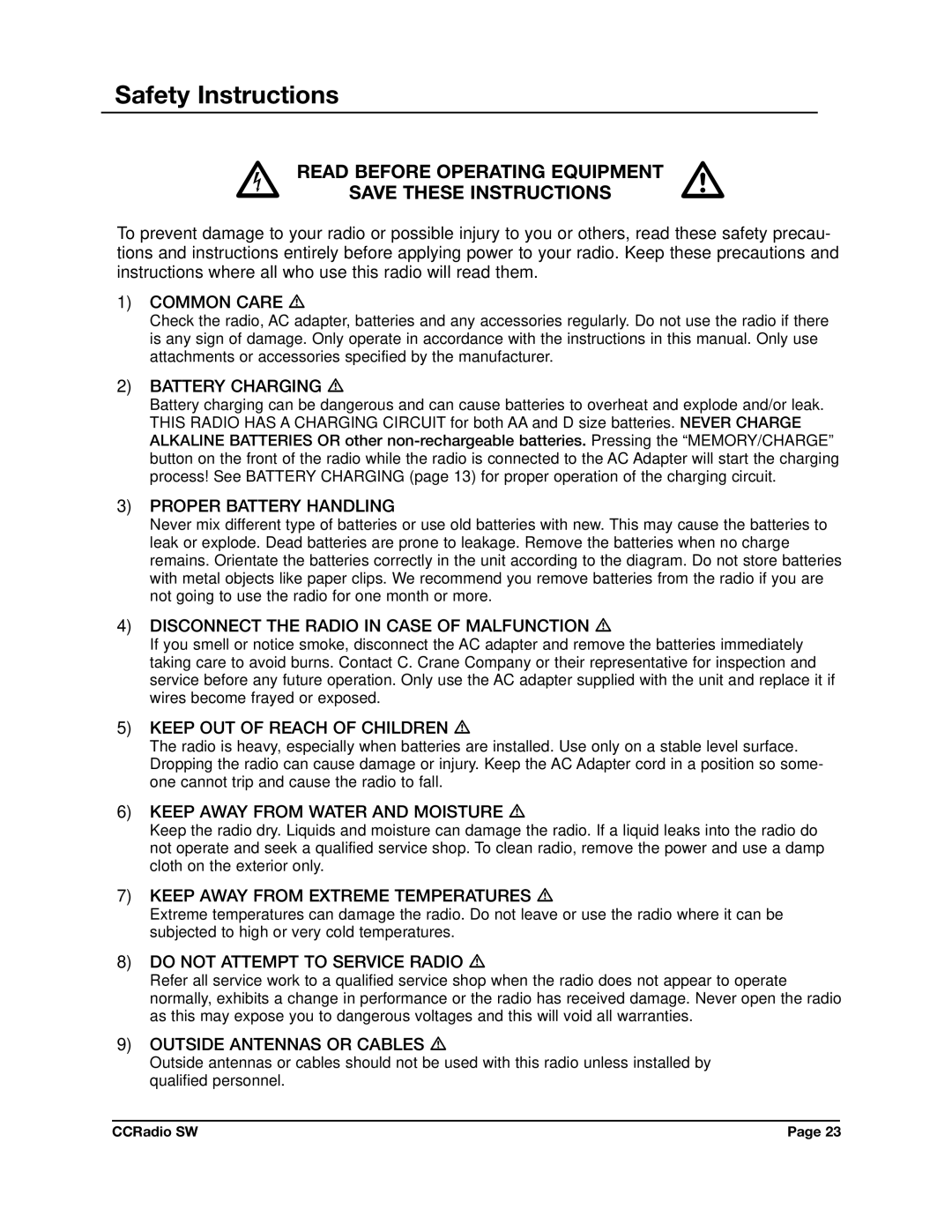 C. Crane CCRadio SW instruction manual Safety Instructions 