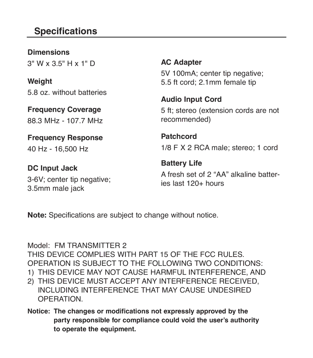 C. Crane D483, 024 S, FM2 operating instructions Specifications, 40FrequencyHz 16,500ResponseHz 