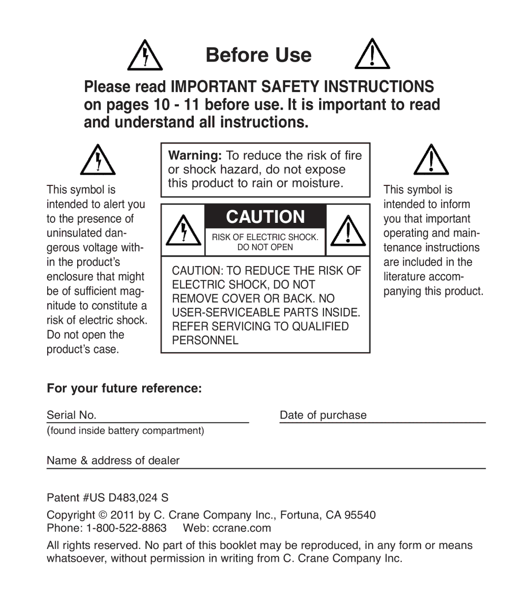 C. Crane FM2, D483, 024 S operating instructions Before Use, For your future reference 