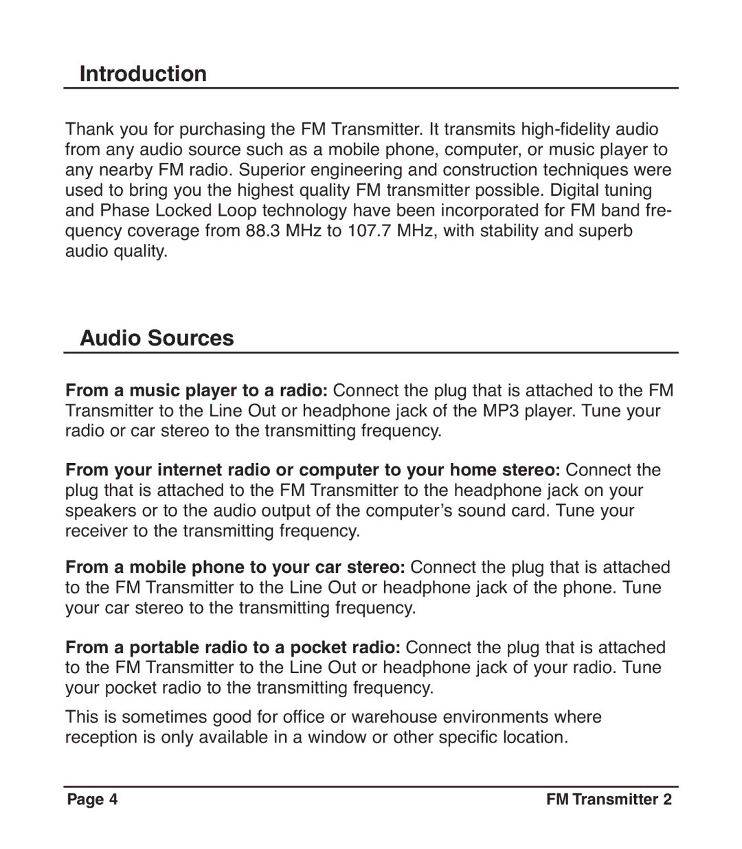 C. Crane 024 S, D483, FM2 operating instructions Introduction, Audio Sources 