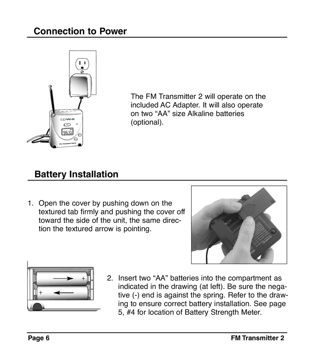 C. Crane D483, 024 S, FM2 operating instructions Connection to Power, Battery Installation 