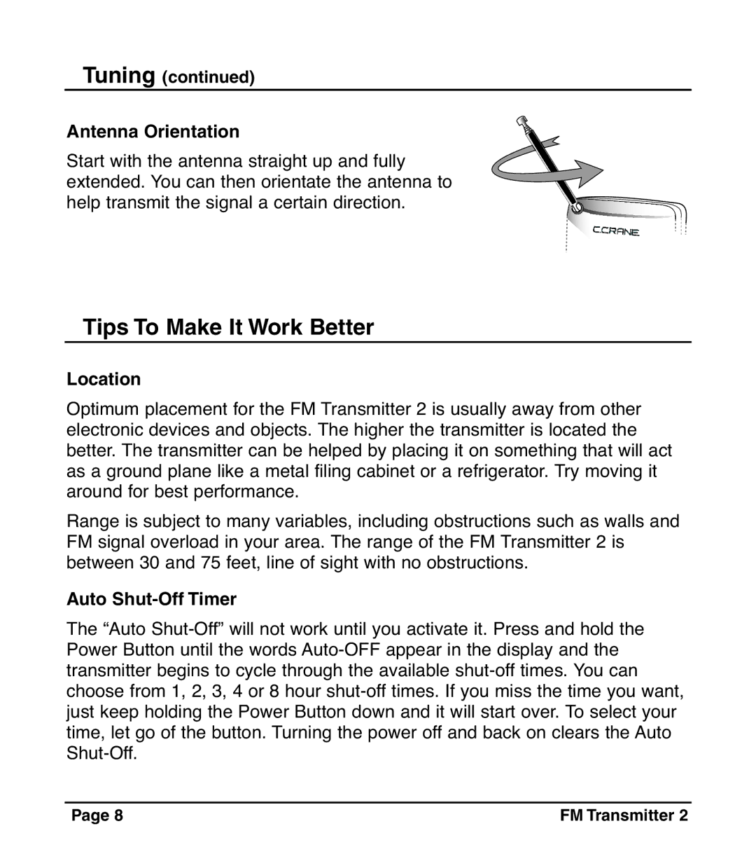 C. Crane FM2, D483, 024 S Tips To Make It Work Better, Tuning Antenna Orientation, Location, Auto Shut-Off Timer 