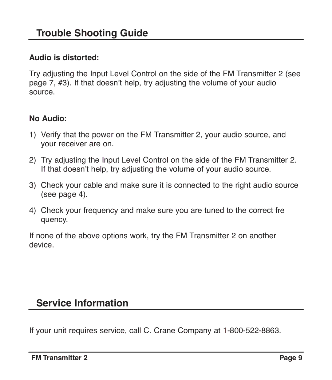 C. Crane D483, 024 S, FM2 operating instructions Trouble Shooting Guide, Service Information, Audio is distorted, No Audio 