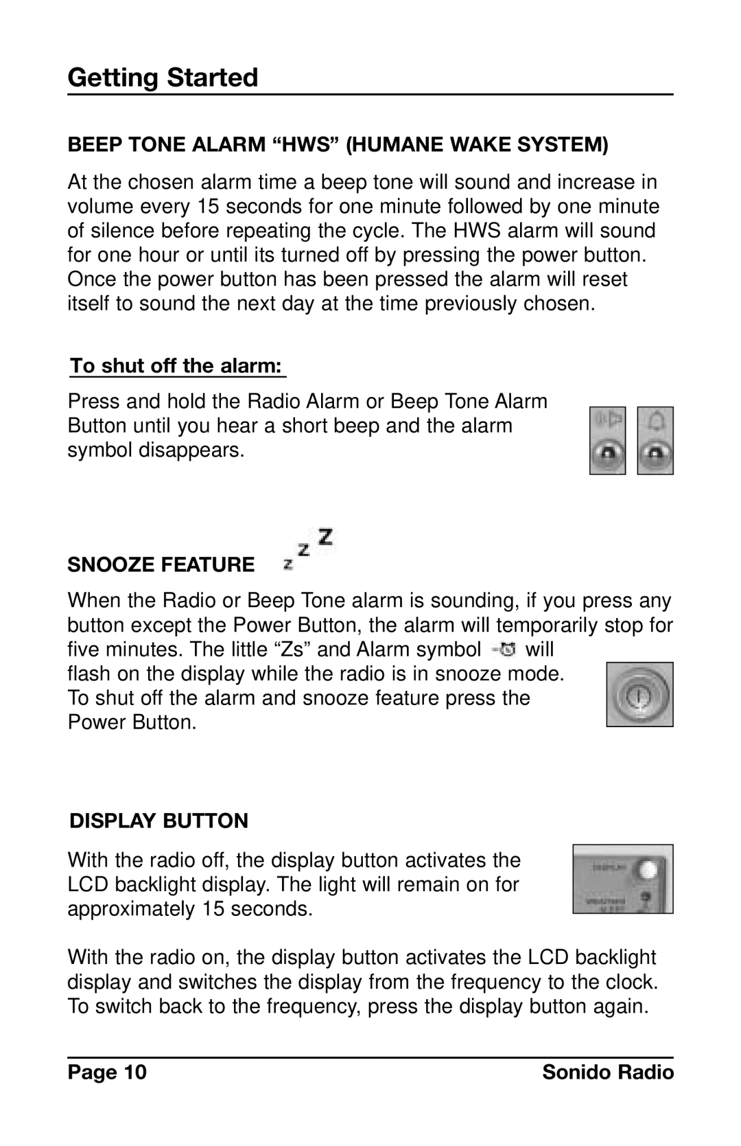 C. Crane PR-D4VW Beep Tone Alarm HWS Humane Wake System, To shut off the alarm, Snooze Feature, Display Button 