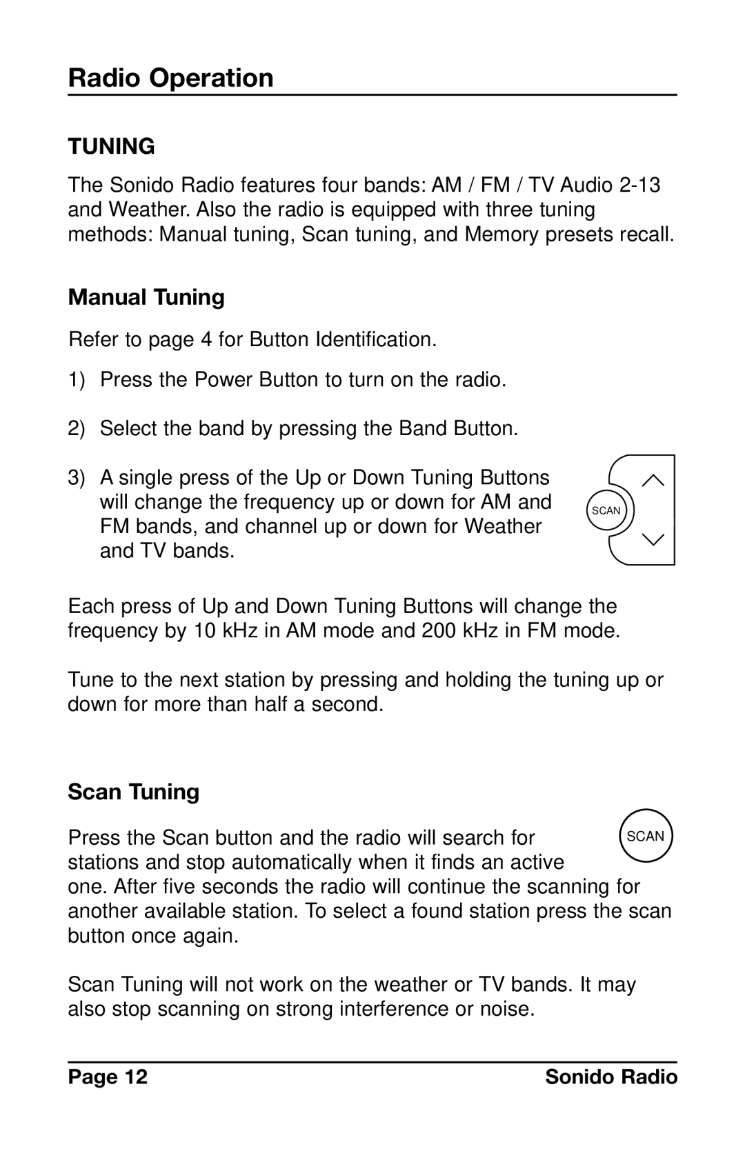 C. Crane PR-D4VW instruction manual Radio Operation, Manual Tuning, Scan Tuning 