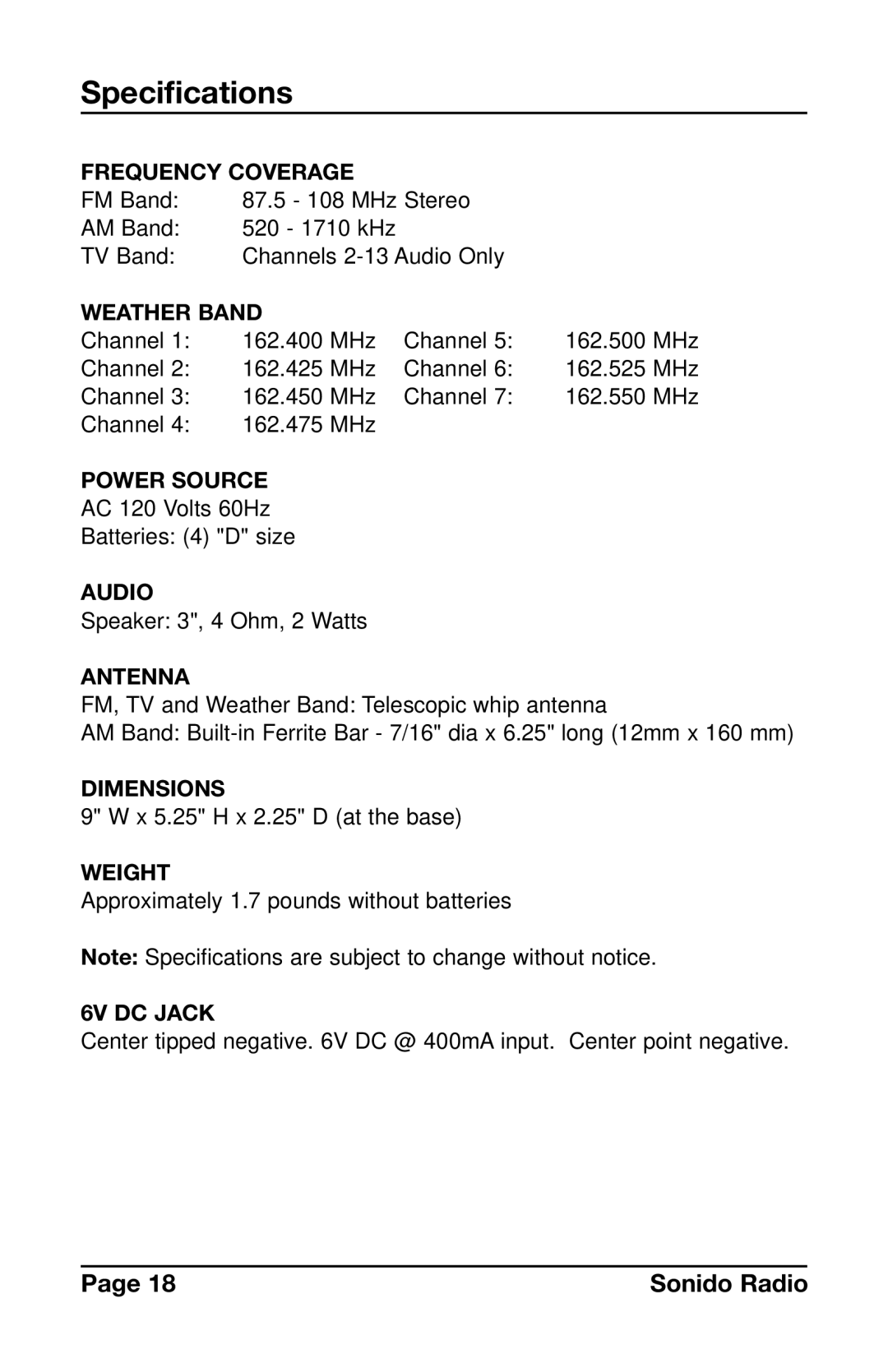 C. Crane PR-D4VW instruction manual Specifications, Weather Band 